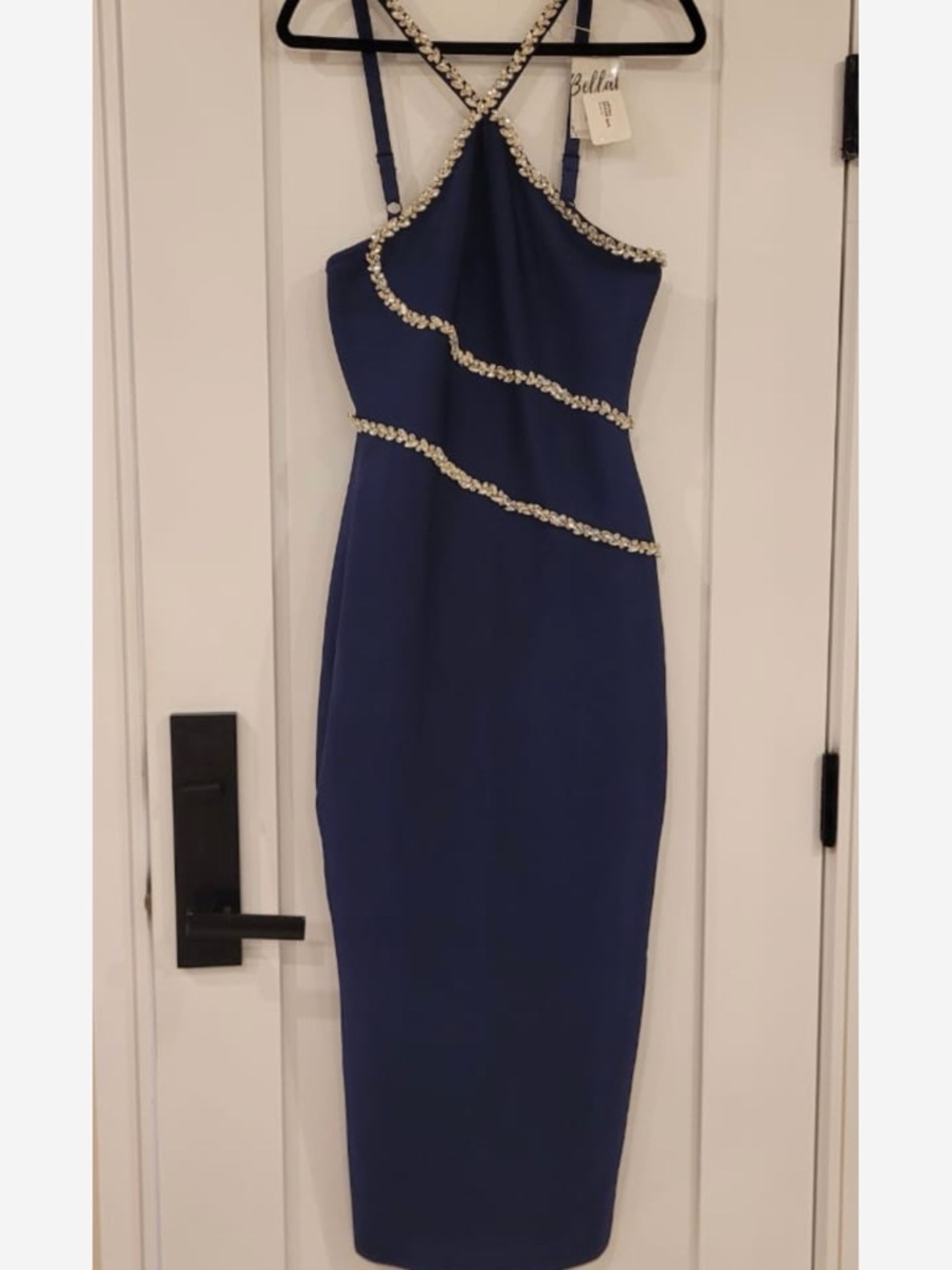 Kailani Classic Contour Halter Rhinestone Blue Bandage Maxi Dress - Picture 3 of 7